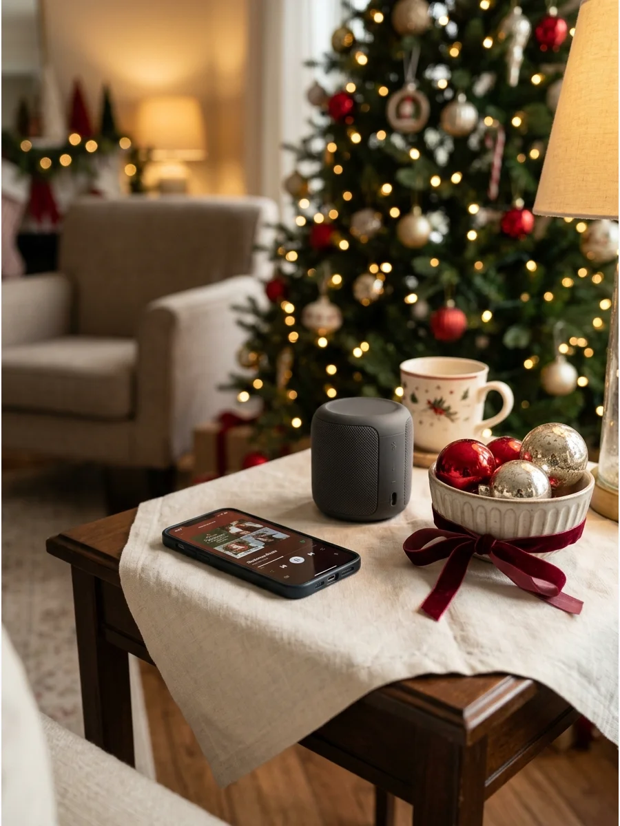 A smartphone and wireless speaker on a festive side table.