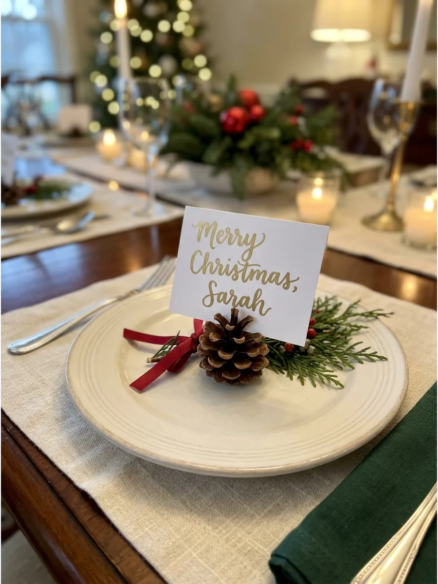 Personalized place card held by a pinecone on a holiday dinner plate.