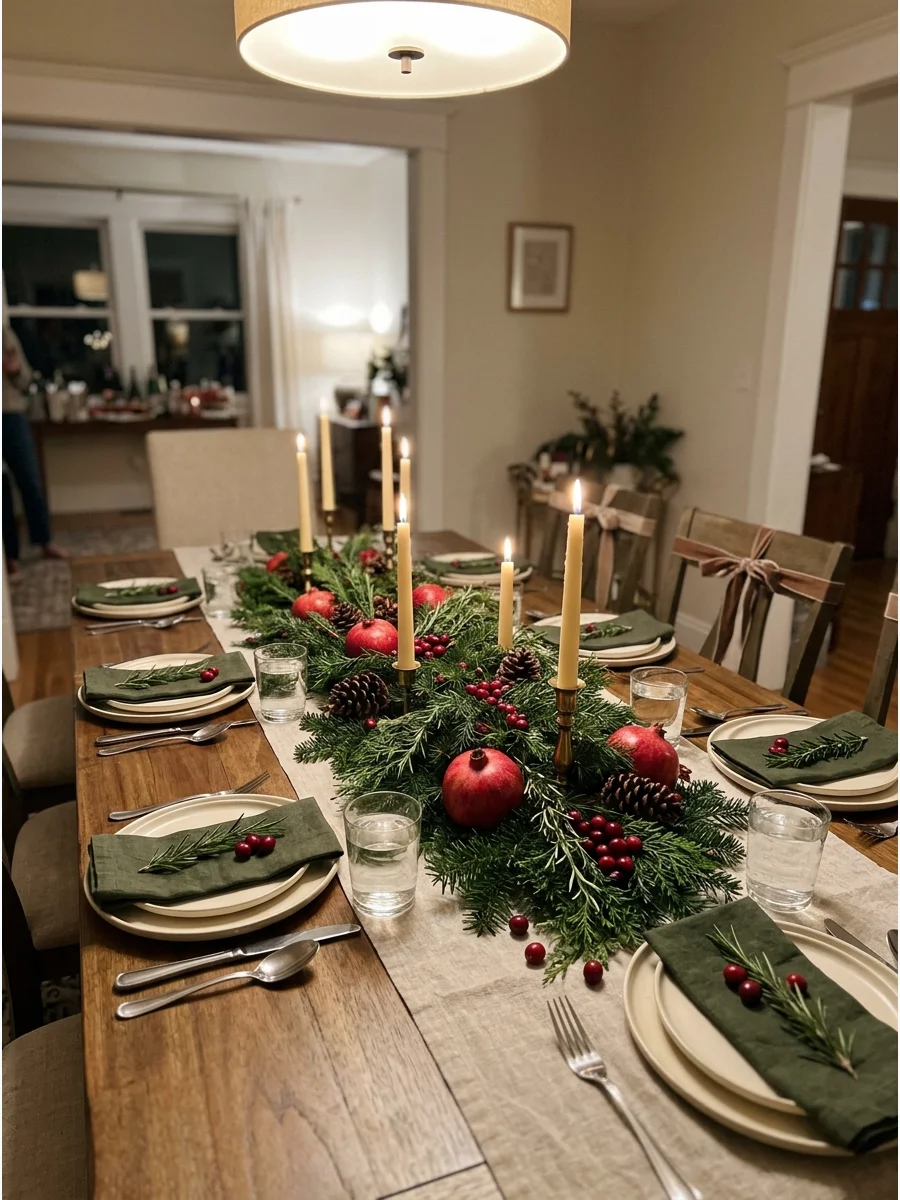 Evergreen and fruit centerpiece on a long wooden dining table.