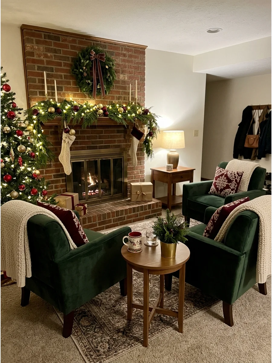 Cozy seating area with two chairs and a side table near a fireplace.