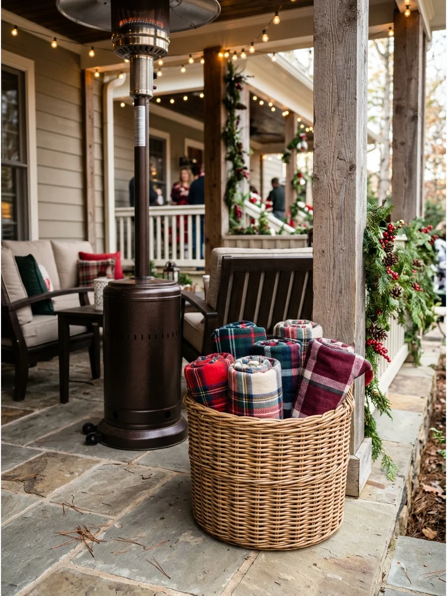 Wicker basket containing several rolled plaid blankets on a patio.