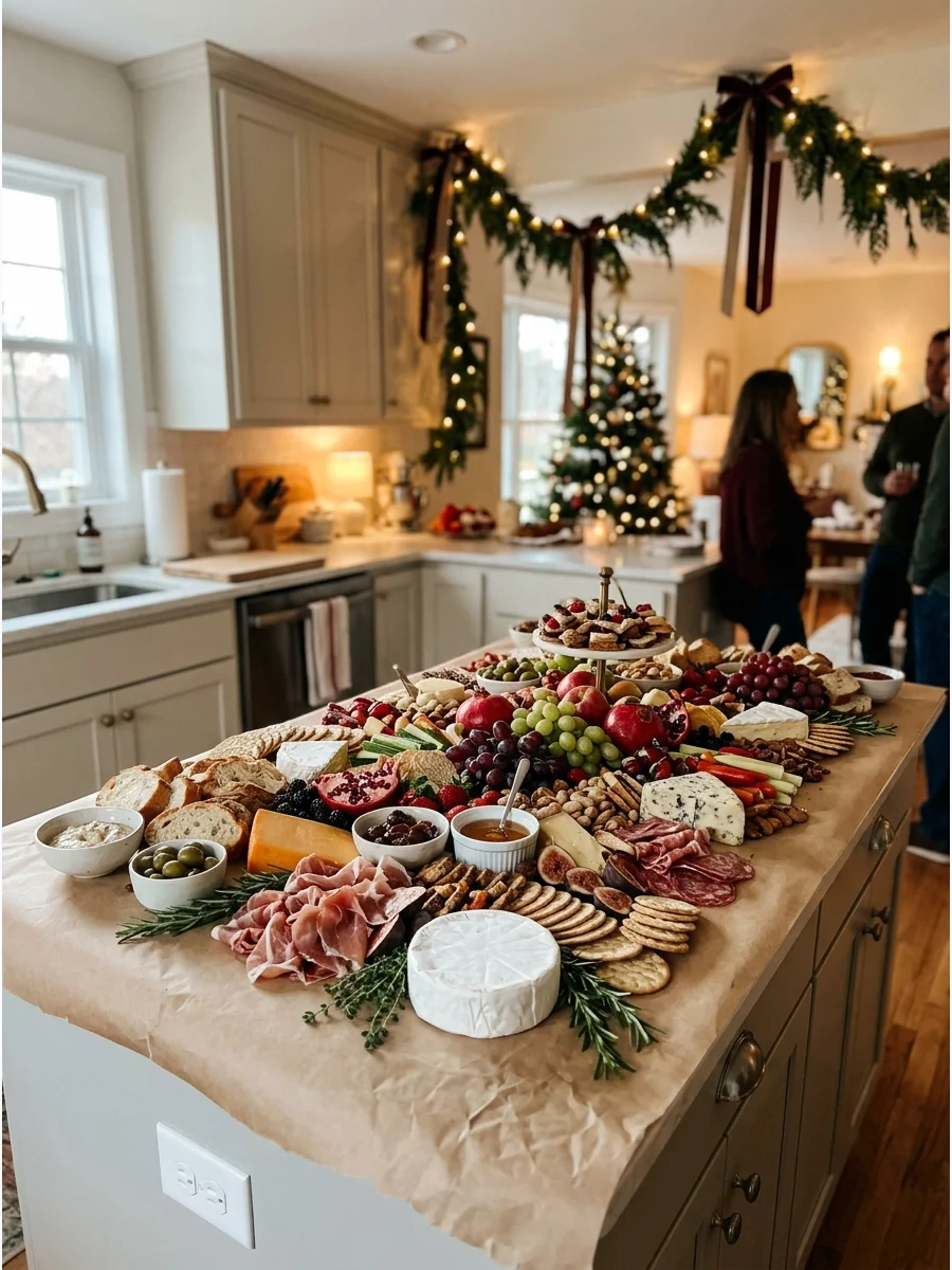 Large grazing table on a kitchen island filled with snacks.