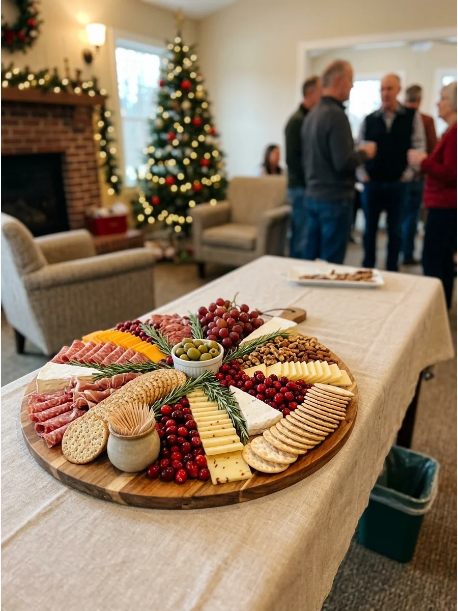 Wooden charcuterie board with festive holiday garnishes.