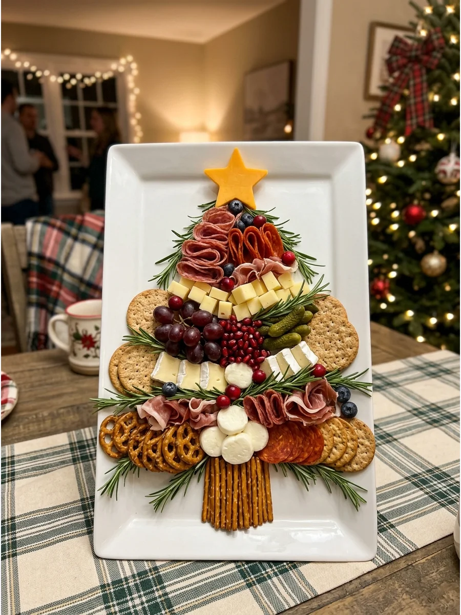 Food items arranged like a Christmas tree on a serving platter.
