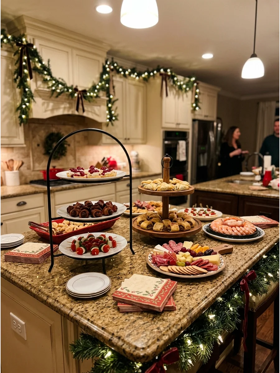 Tiered stands with various holiday appetizers on a kitchen counter.