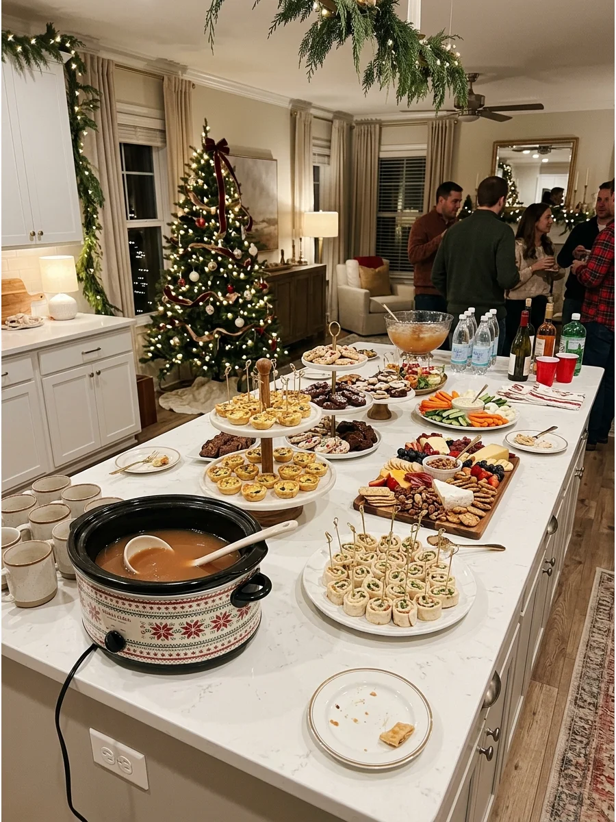 A kitchen island with various appetizer trays and a slow cooker for warm drinks.