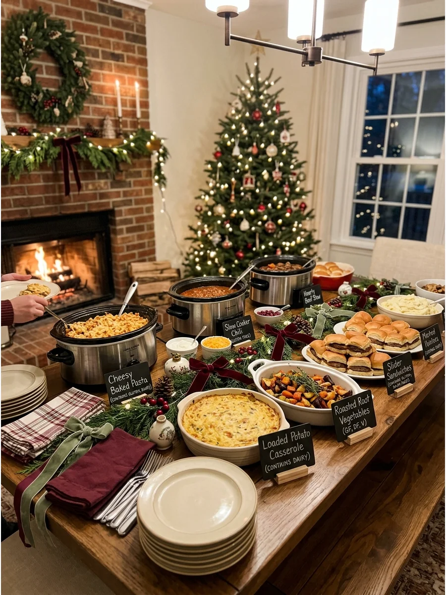 Buffet table with slow cookers and labeled comfort food dishes.