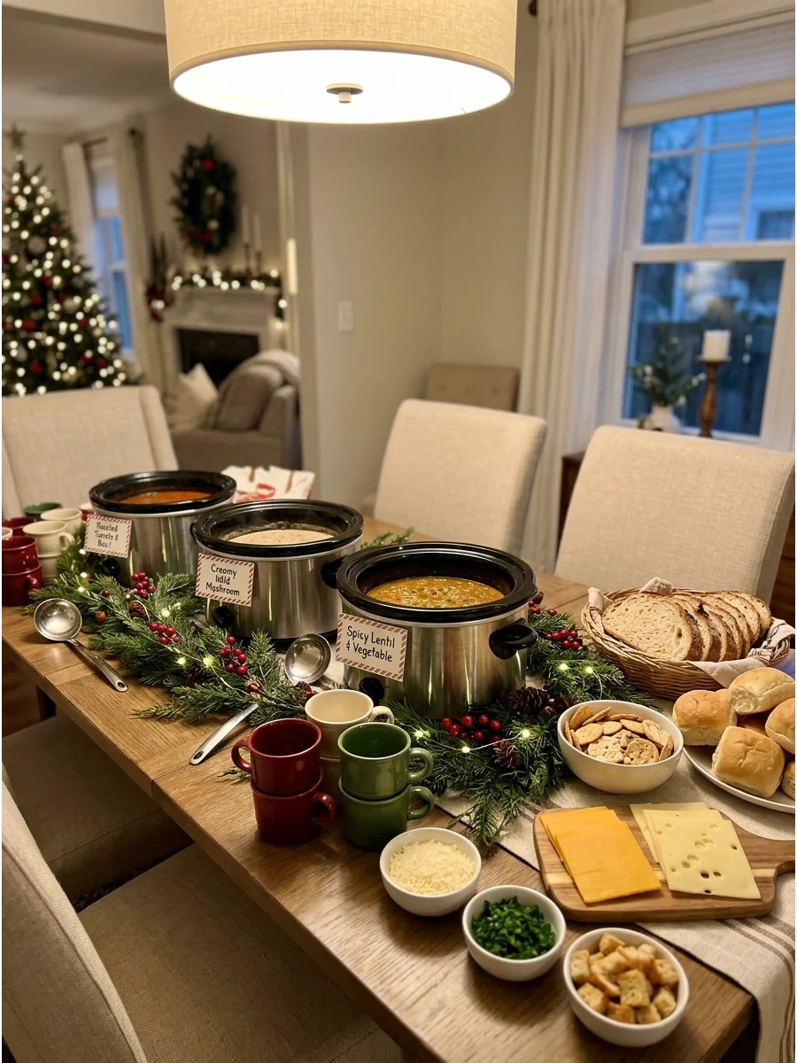 A self-serve soup bar with slow cookers and bread baskets.