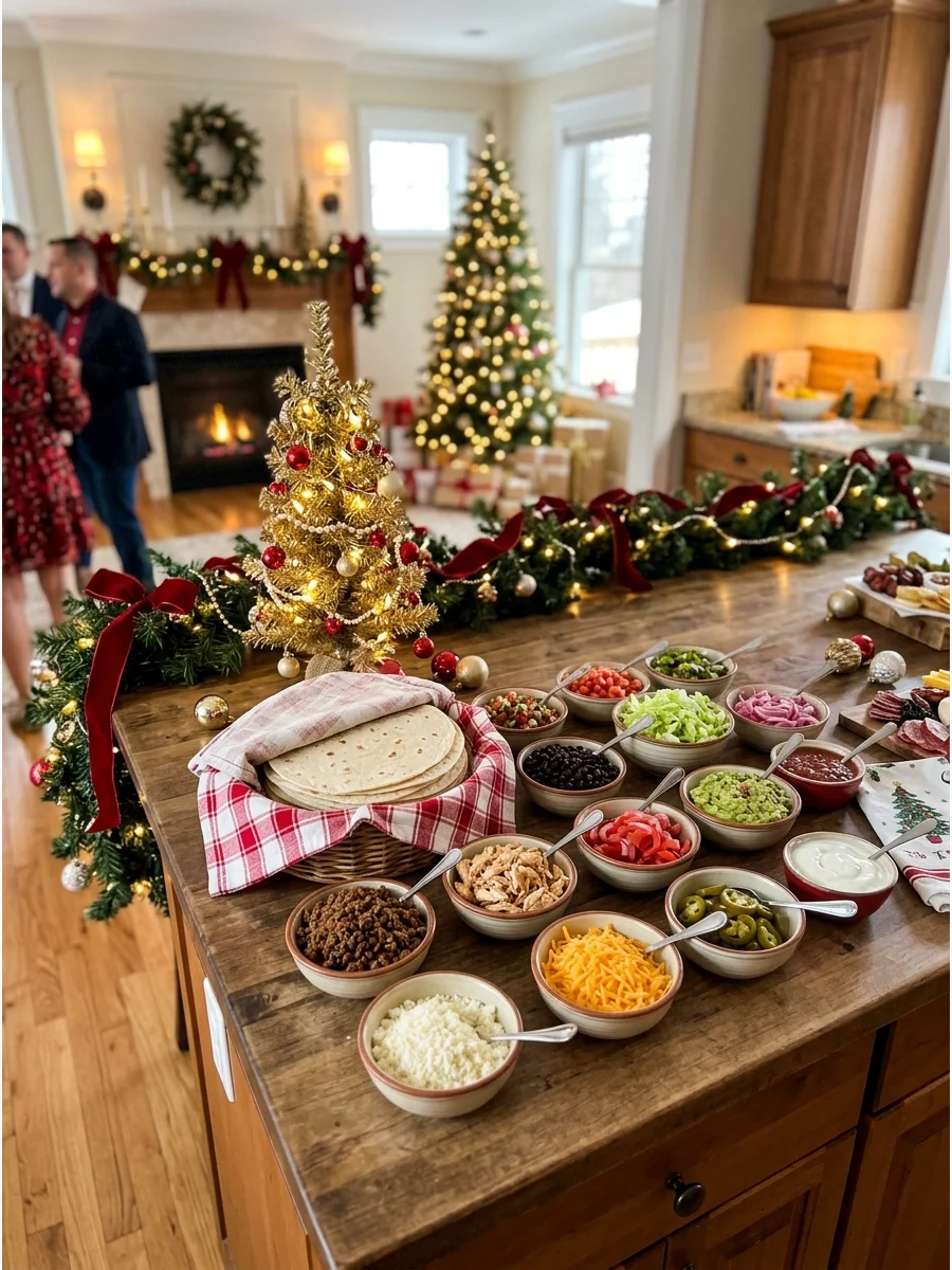 A festive taco bar set up on a kitchen island with holiday decor.