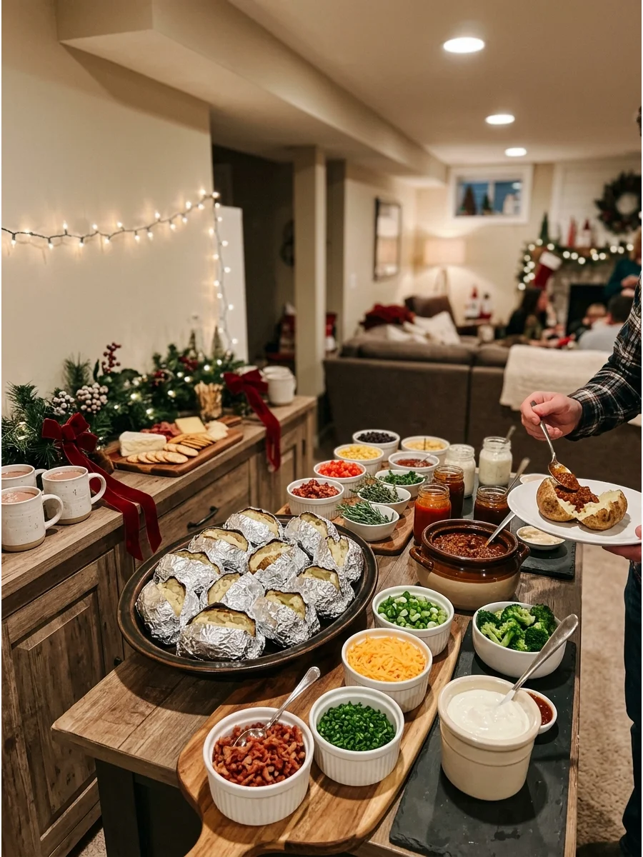 A baked potato bar with various toppings in a cozy basement setting.