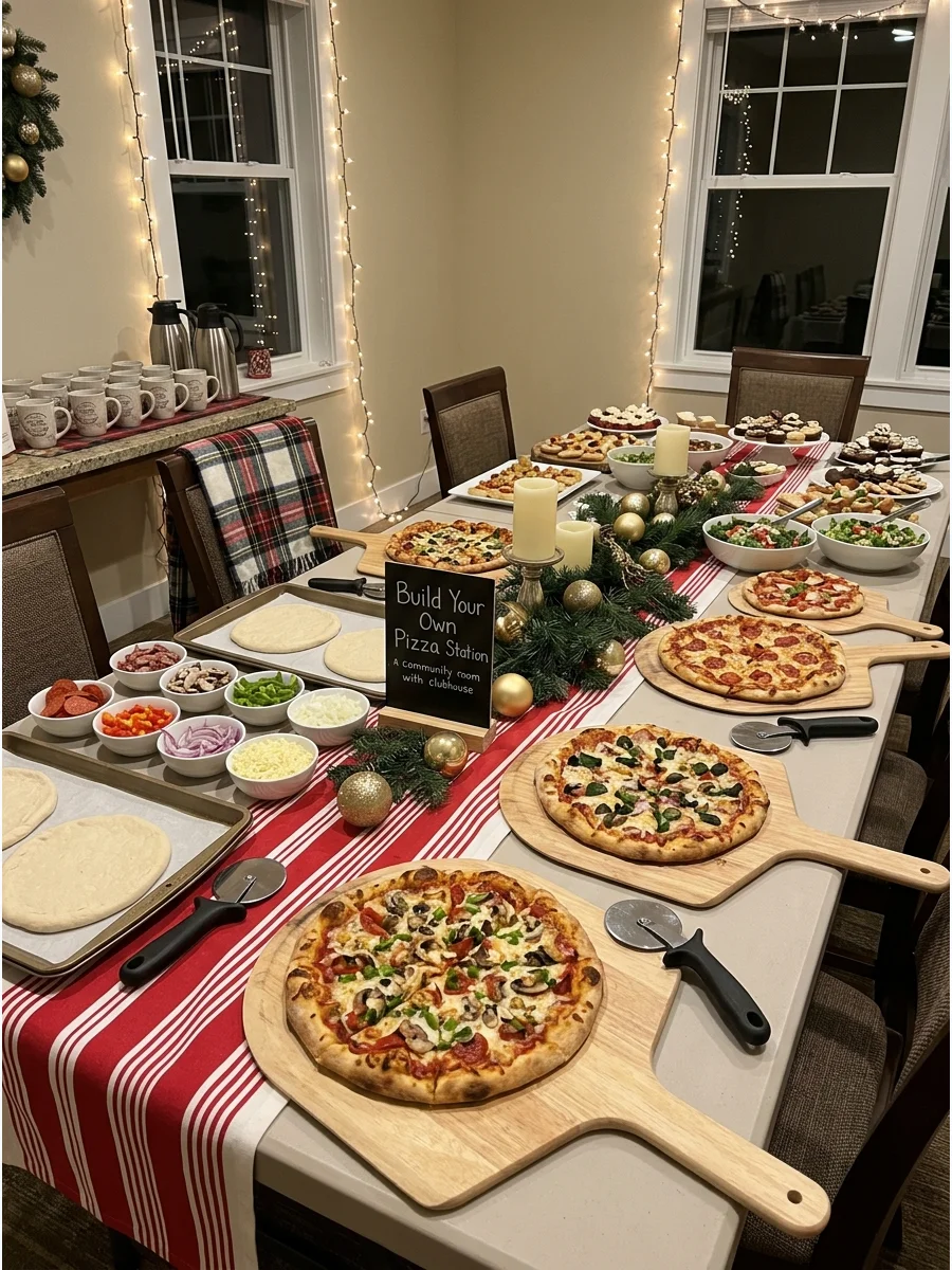 A pizza party setup with holiday decorations in a community room.