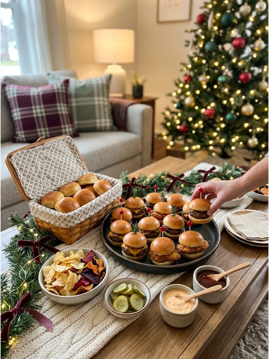 A slider bar with mini sandwiches on a decorated coffee table.