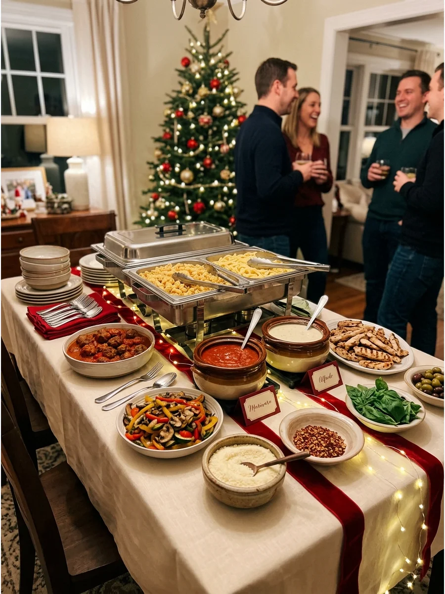 A pasta bar with different sauces and toppings in a home kitchen.