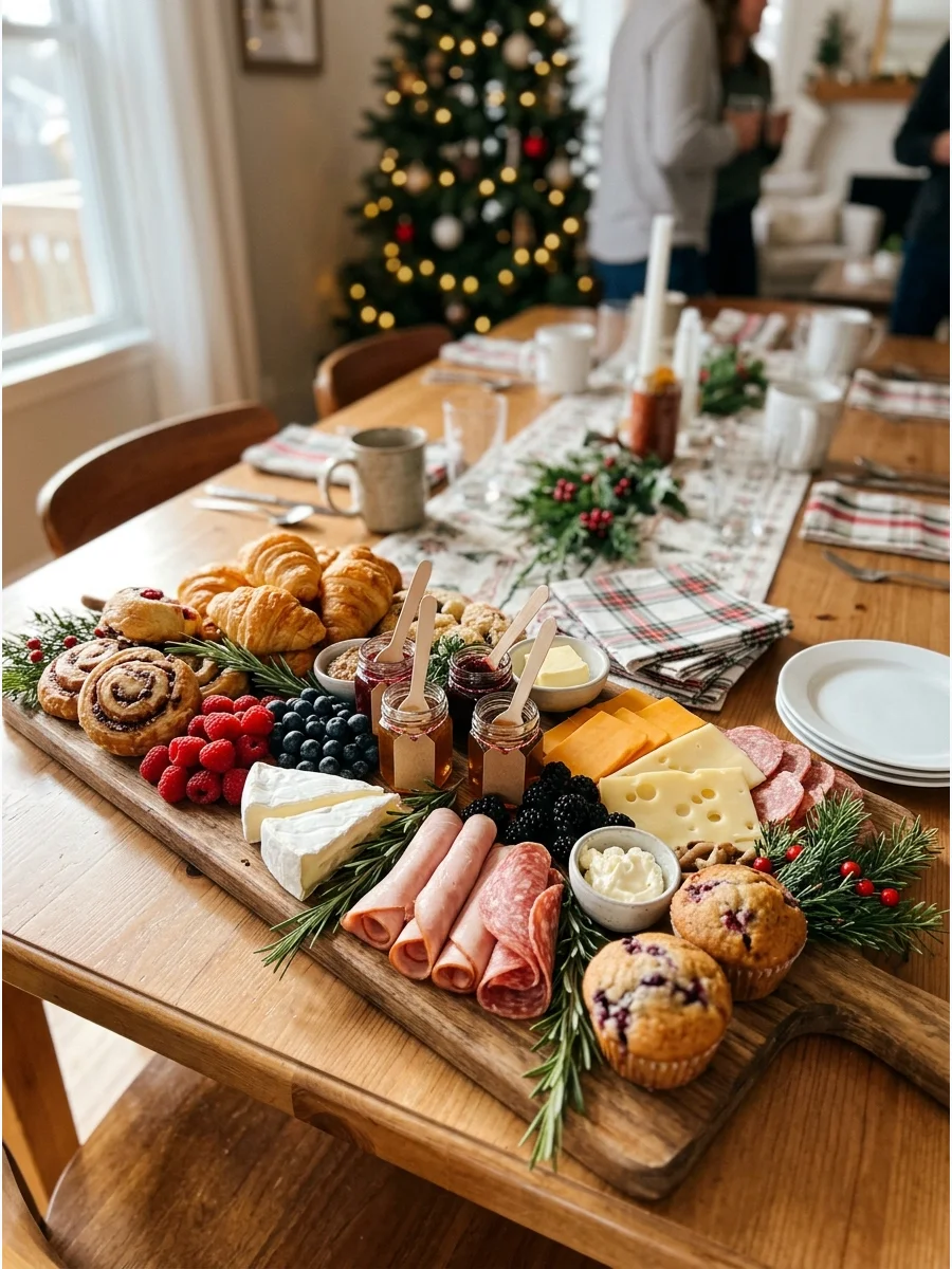 A large breakfast board with pastries and fruit for a holiday brunch.