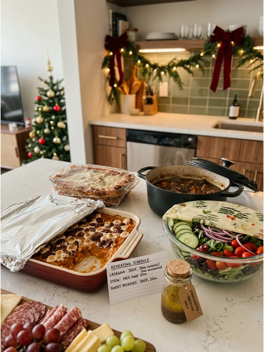 A make-ahead holiday meal prepared and ready on a kitchen counter.
