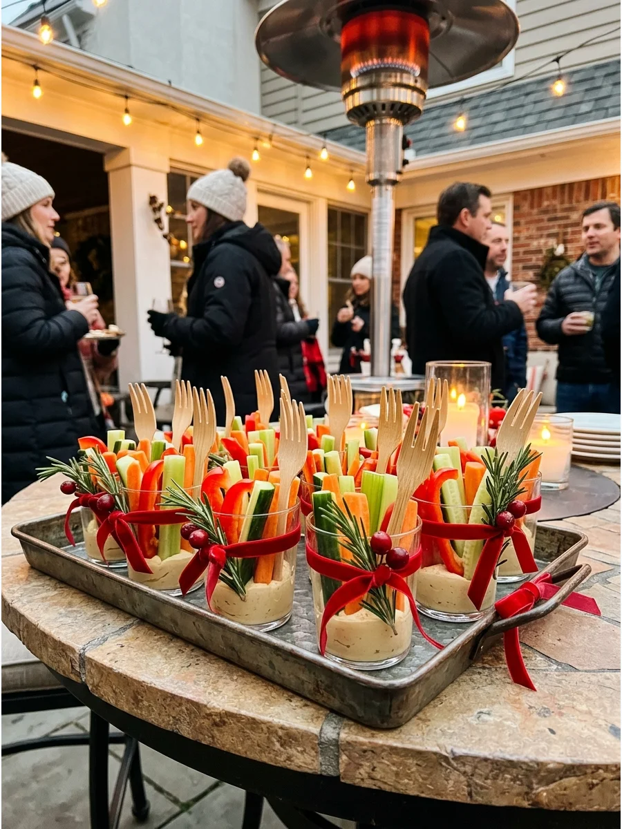 Individual appetizer cups arranged on a tray for a holiday party.