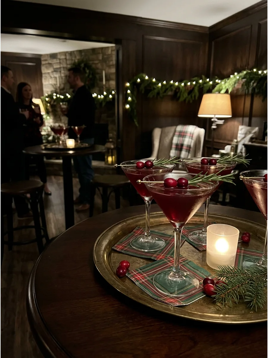A sophisticated basement bar setup with cocktail tables and festive drinks.