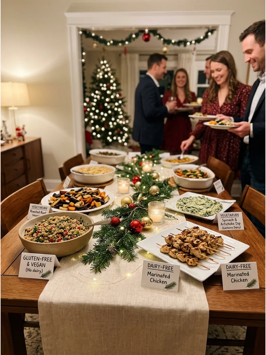 Food dishes on a buffet table with clear dietary labels.
