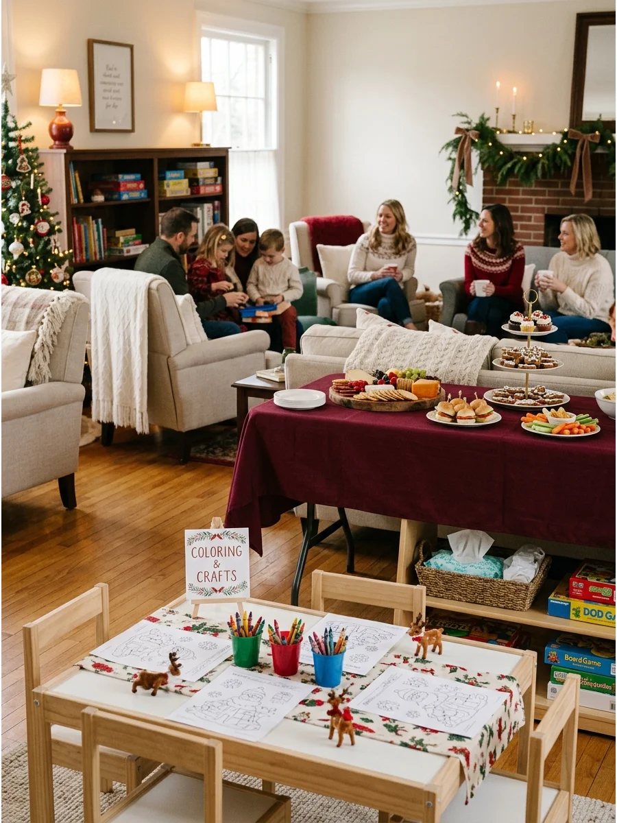 A community room with a designated kids craft area and an adult snack station.