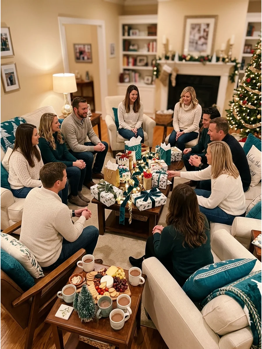 Friends sitting in a circle around a coffee table with wrapped holiday gifts.