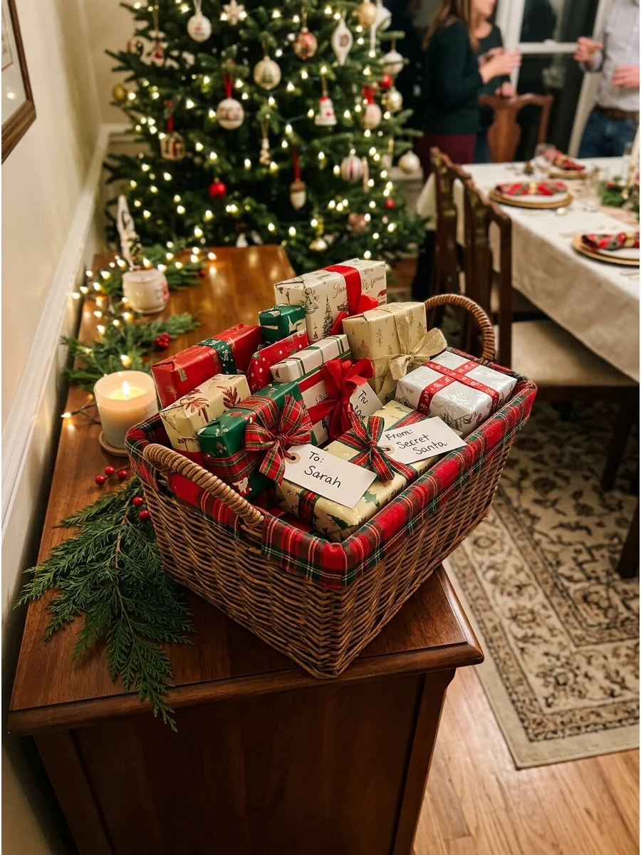 A festive basket on a wooden sideboard containing several wrapped Christmas presents with name tags.