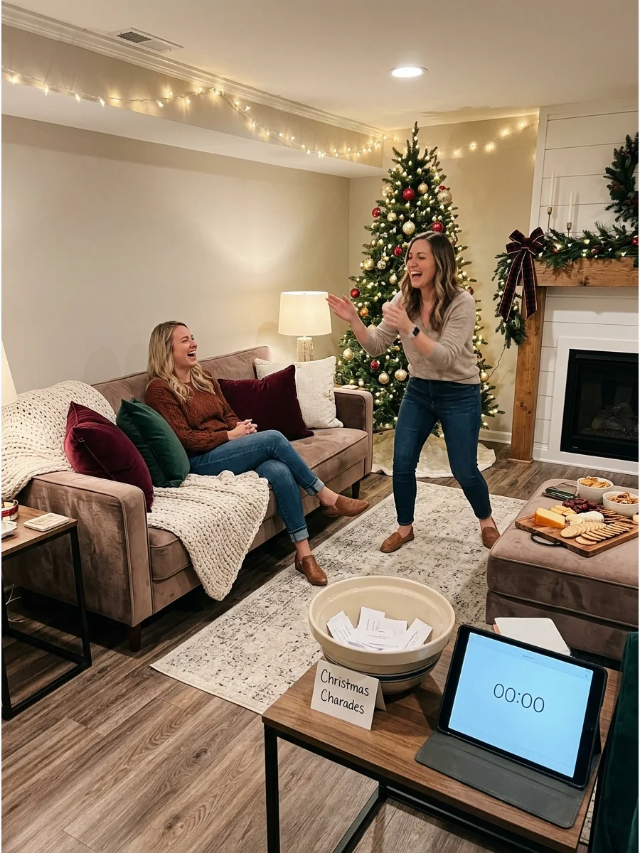 A person acting out a holiday scene for a group of friends in a cozy basement.