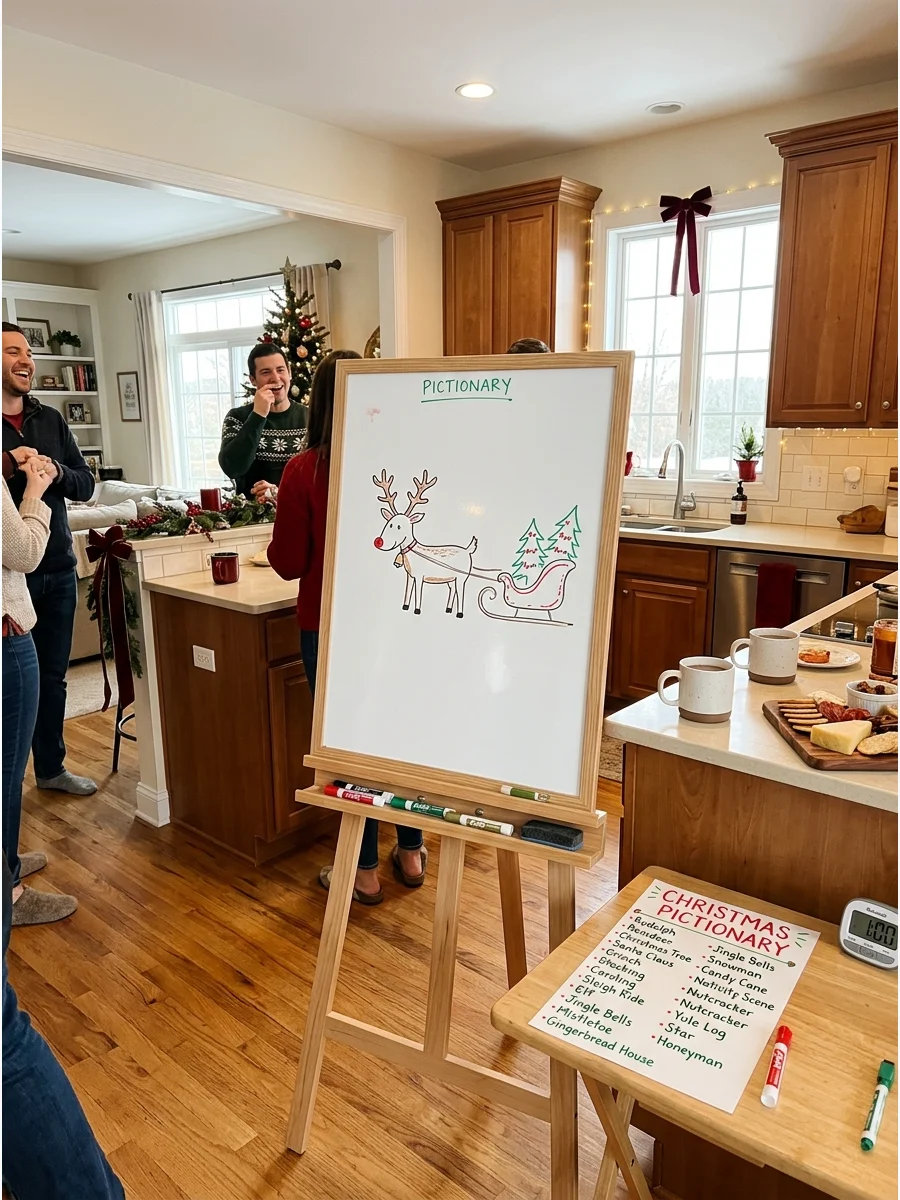 A white drawing board with a holiday sketch standing in a kitchen area.