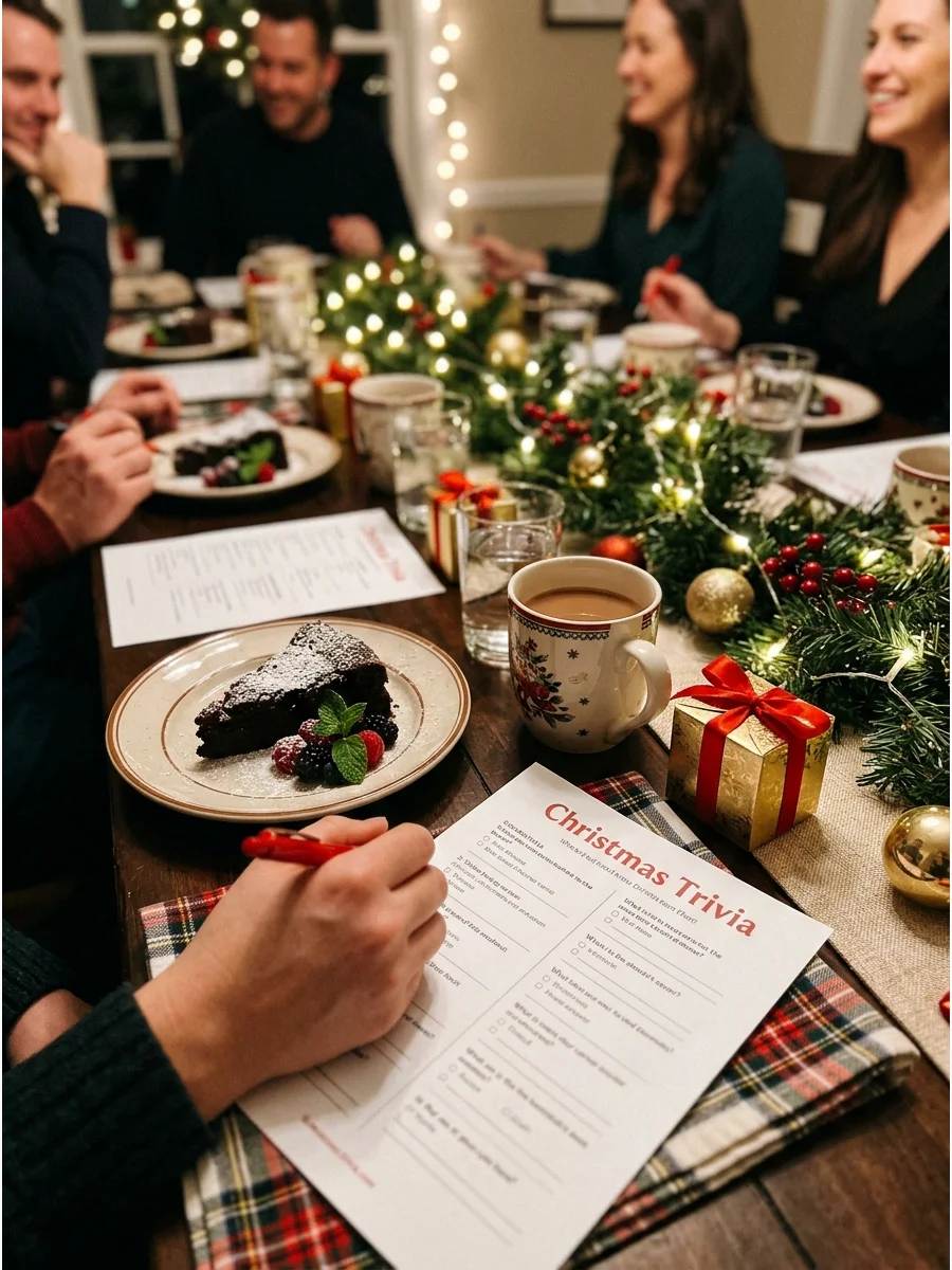 Holiday party guests filling out trivia sheets at a decorated dining table.