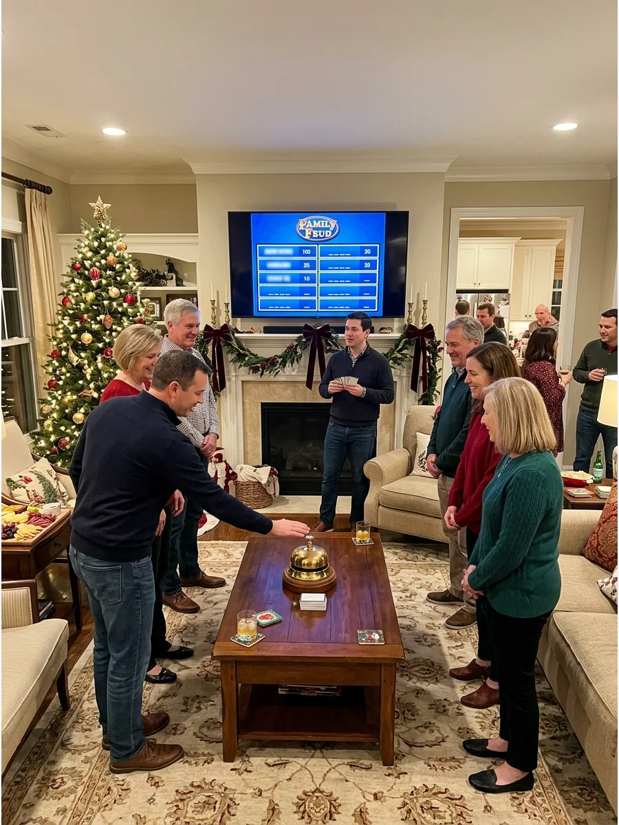 Two teams of people standing in a living room ready to play a game.