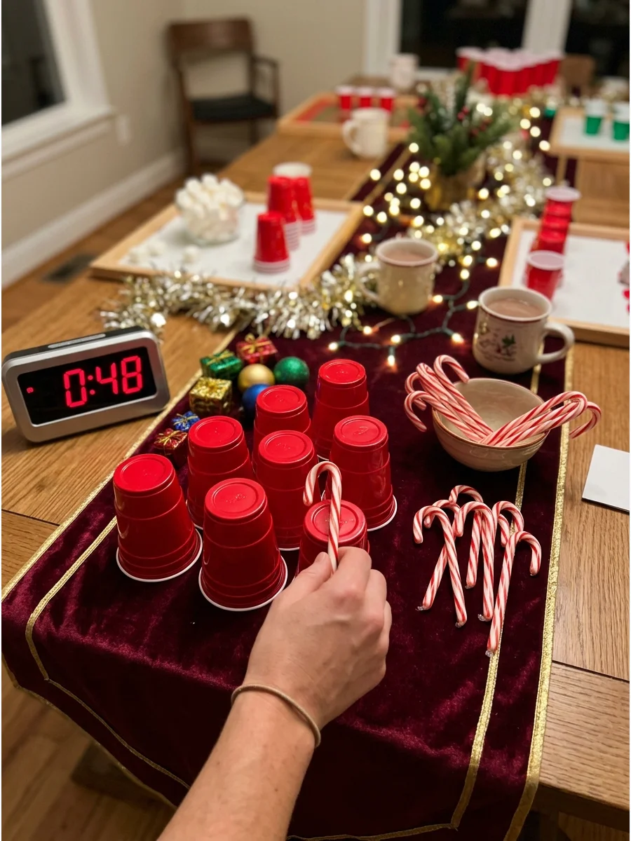 A table set up with simple game materials like cups and candy canes in a large room.
