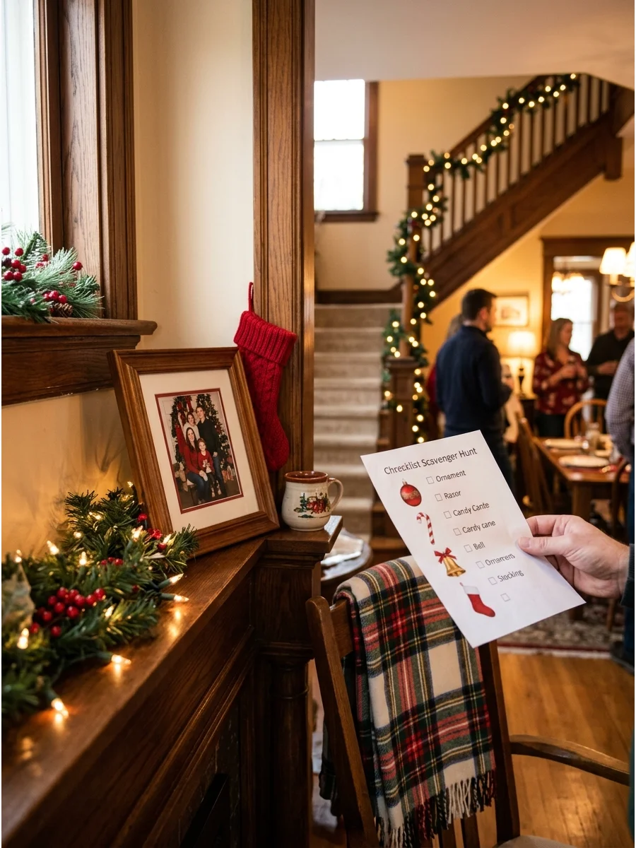 A tiny holiday stocking hidden behind a photo frame on a shelf.