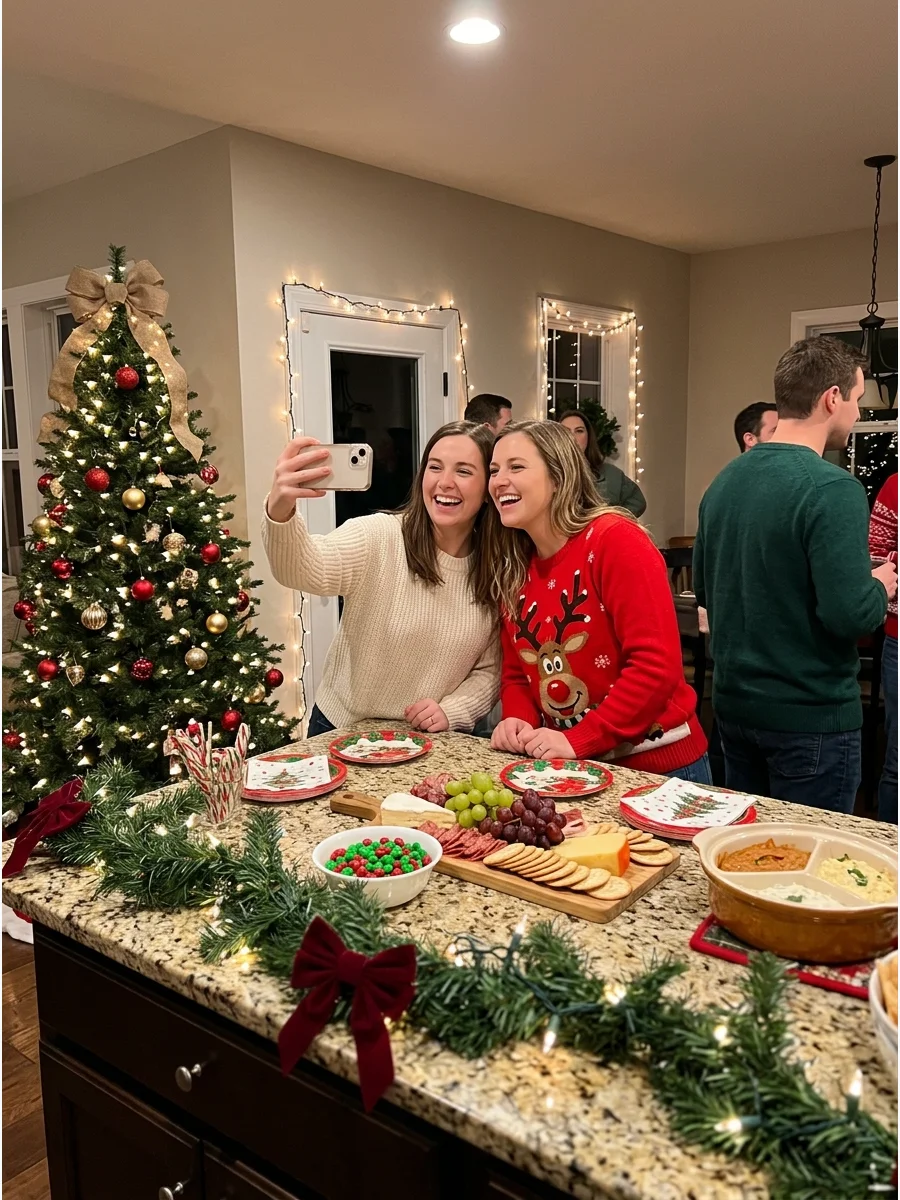 Two friends taking a picture on a smartphone in a decorated kitchen.