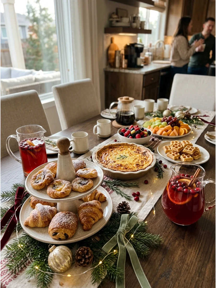 A bright brunch buffet with pastries on tiered stands and a fresh quiche.