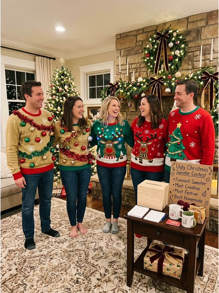 A lineup of people wearing brightly colored and decorated holiday sweaters.