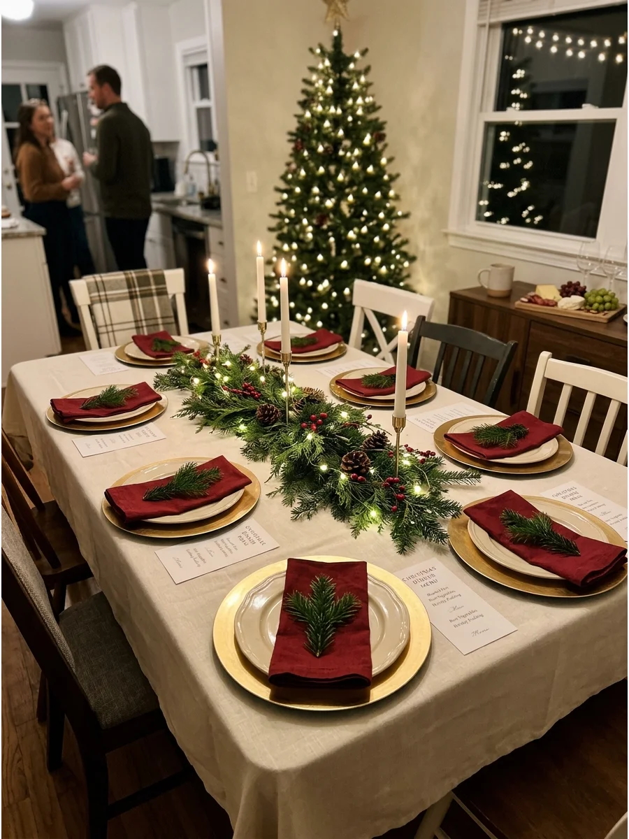 A formal Christmas dinner table with gold chargers and evergreen accents.