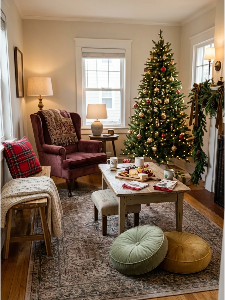 Extra seating options like benches and ottomans arranged in a living room.