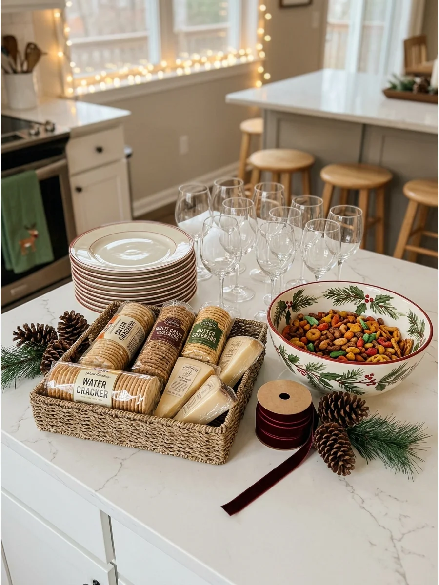 Extra plates and snacks ready on a kitchen counter for surprise guests.