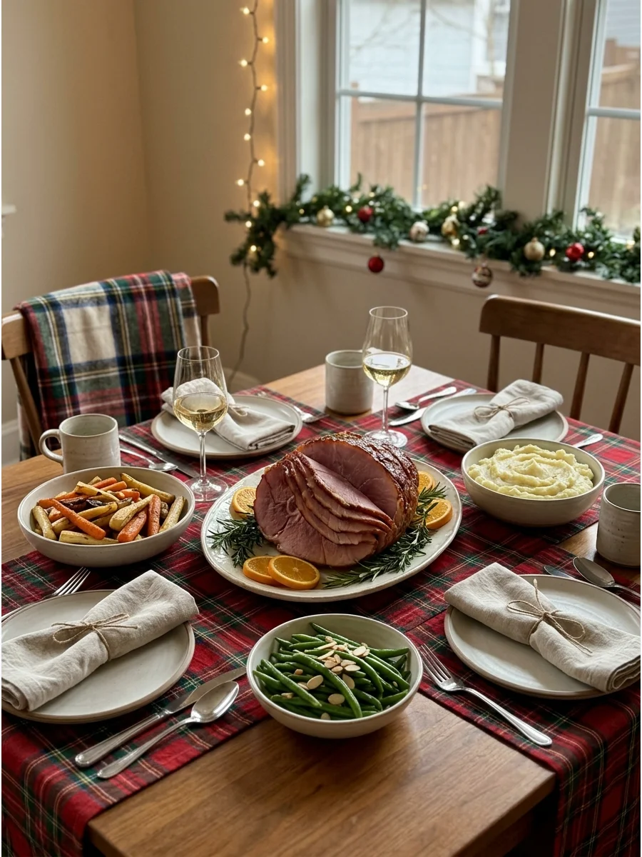 A simple holiday dinner layout with a main roast and two side dishes.