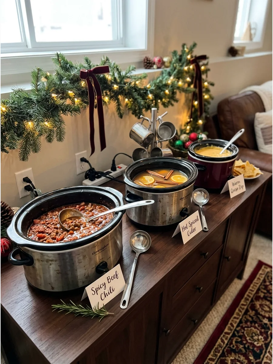 A row of slow cookers serving warm appetizers at a Christmas party.