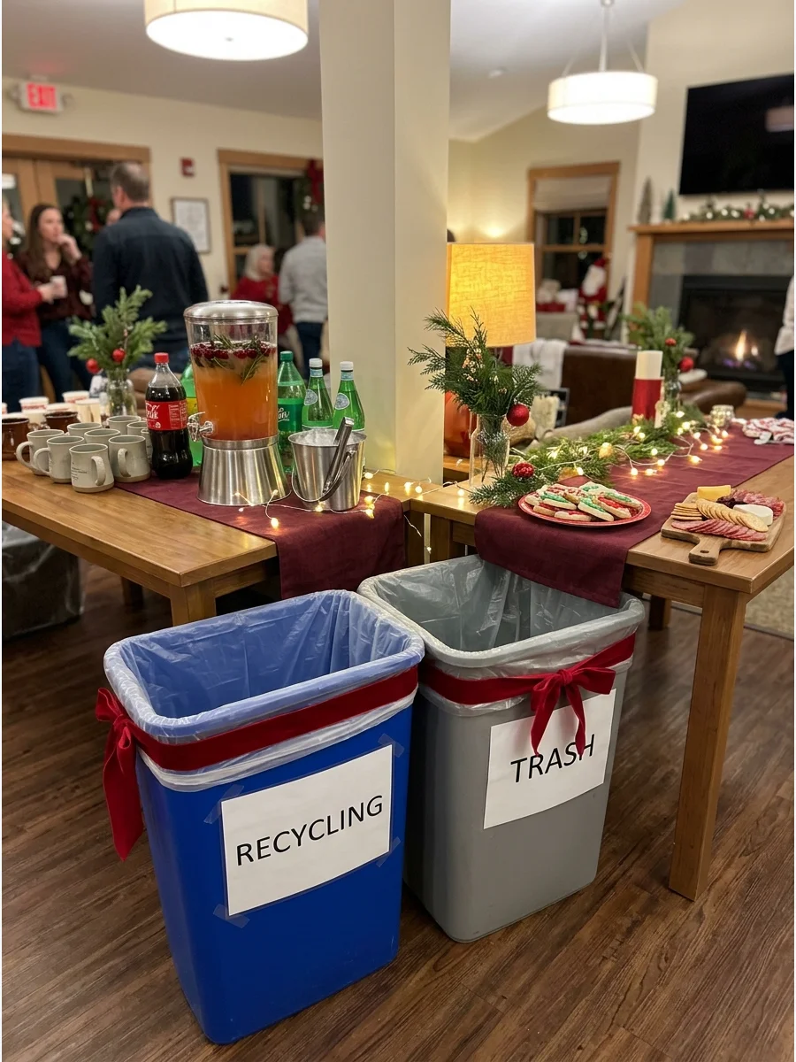 Labeled trash and recycling bins decorated with ribbons for a holiday party.