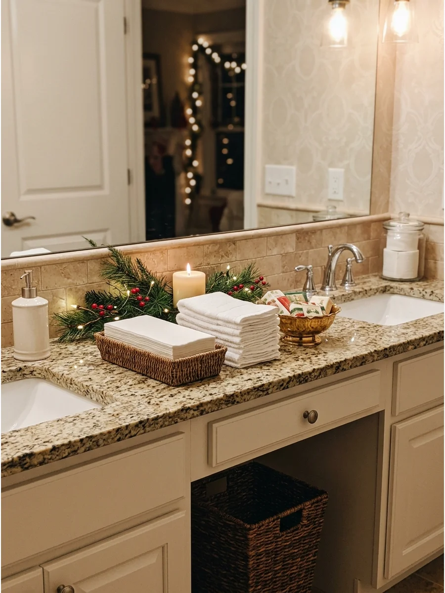 A guest bathroom vanity stocked with towels and Christmas decor.