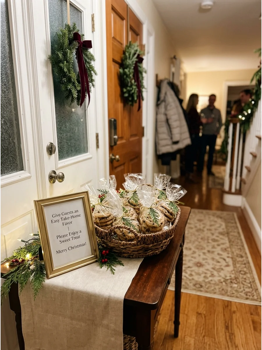 A basket of cookie party favors sitting on an entryway table.