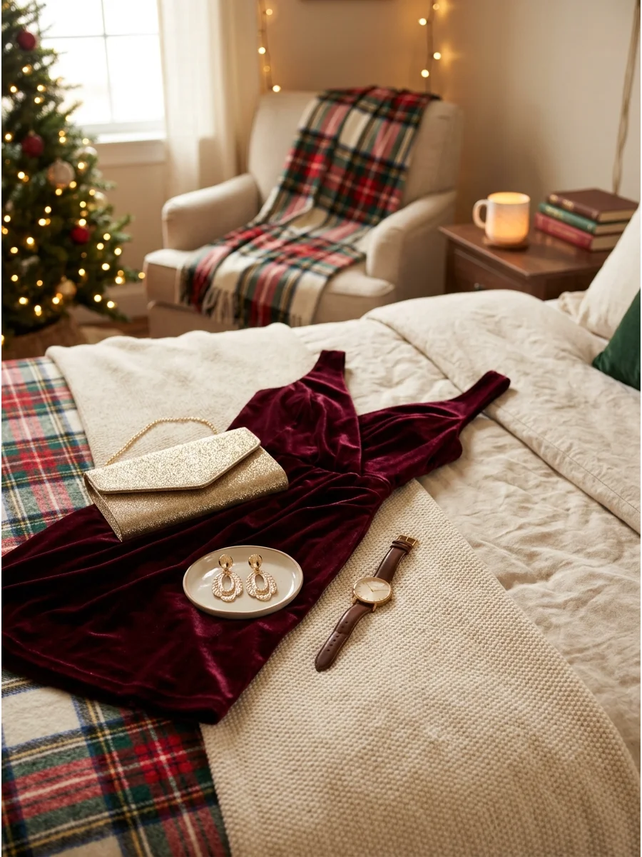 A festive outfit and accessories laid out on a bed for a host to get ready.