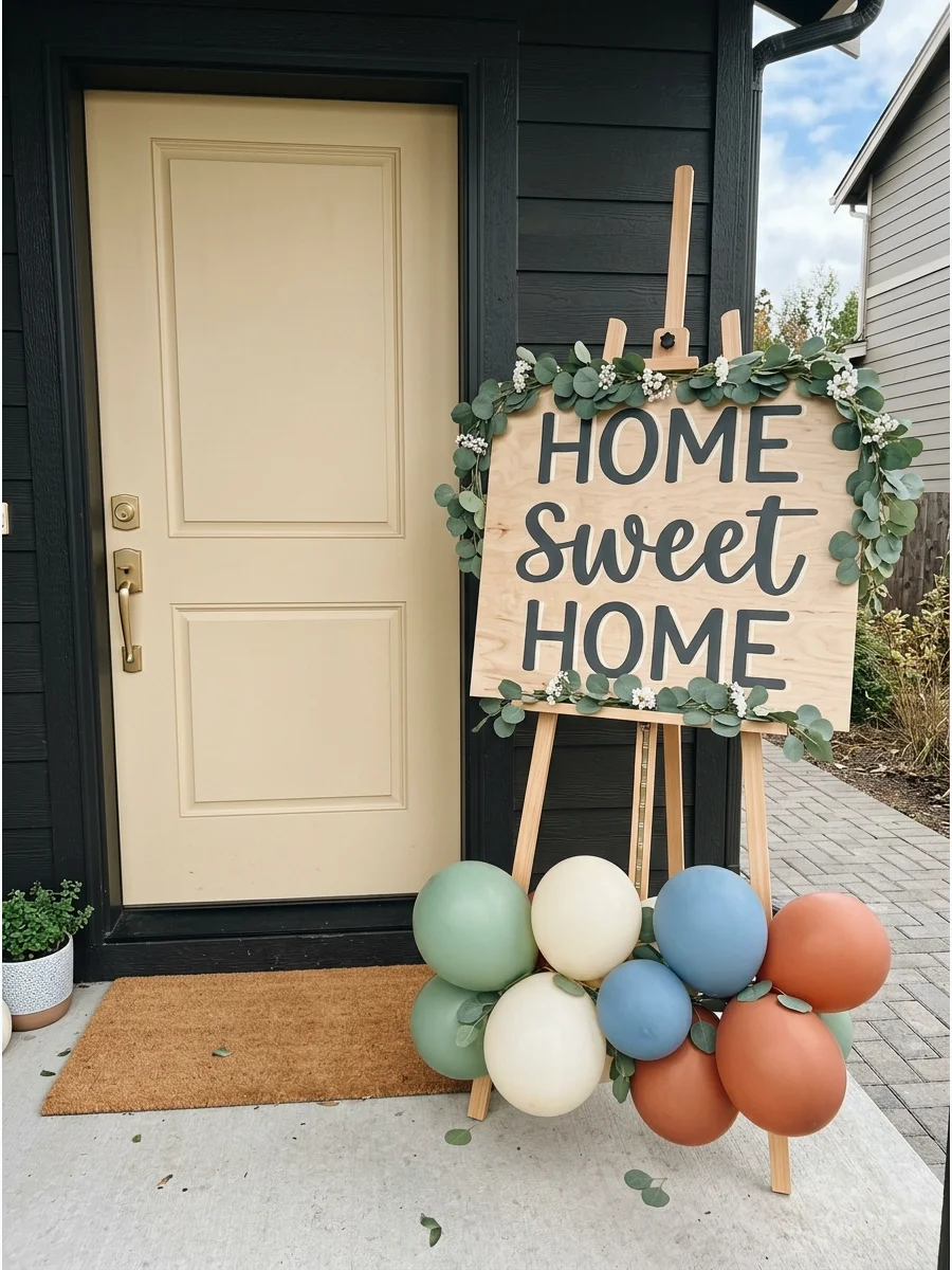 Home Sweet Home Welcome Sign. Place a large "Home Sweet Home" sign near the front door to immediately establish the theme. Style it on a wooden easel and add fresh greenery, flower