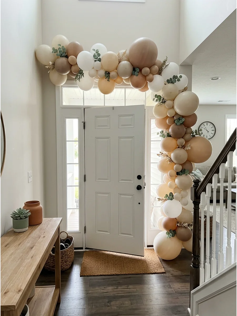 Neutral Balloon Garland. Use cream, white, beige, tan, and soft brown balloons for an understated housewarming display. Add small sprigs of faux greenery between some of the balloo