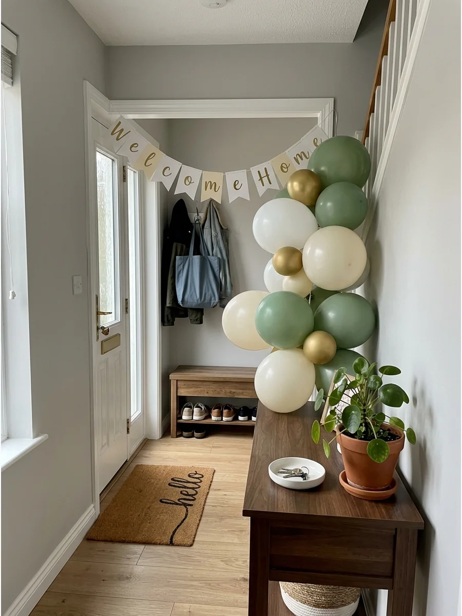 Sage Green and White Balloons. Combine sage green, white, cream, and touches of gold for a fresh housewarming palette. This works especially well with plants, natural wood furnitur