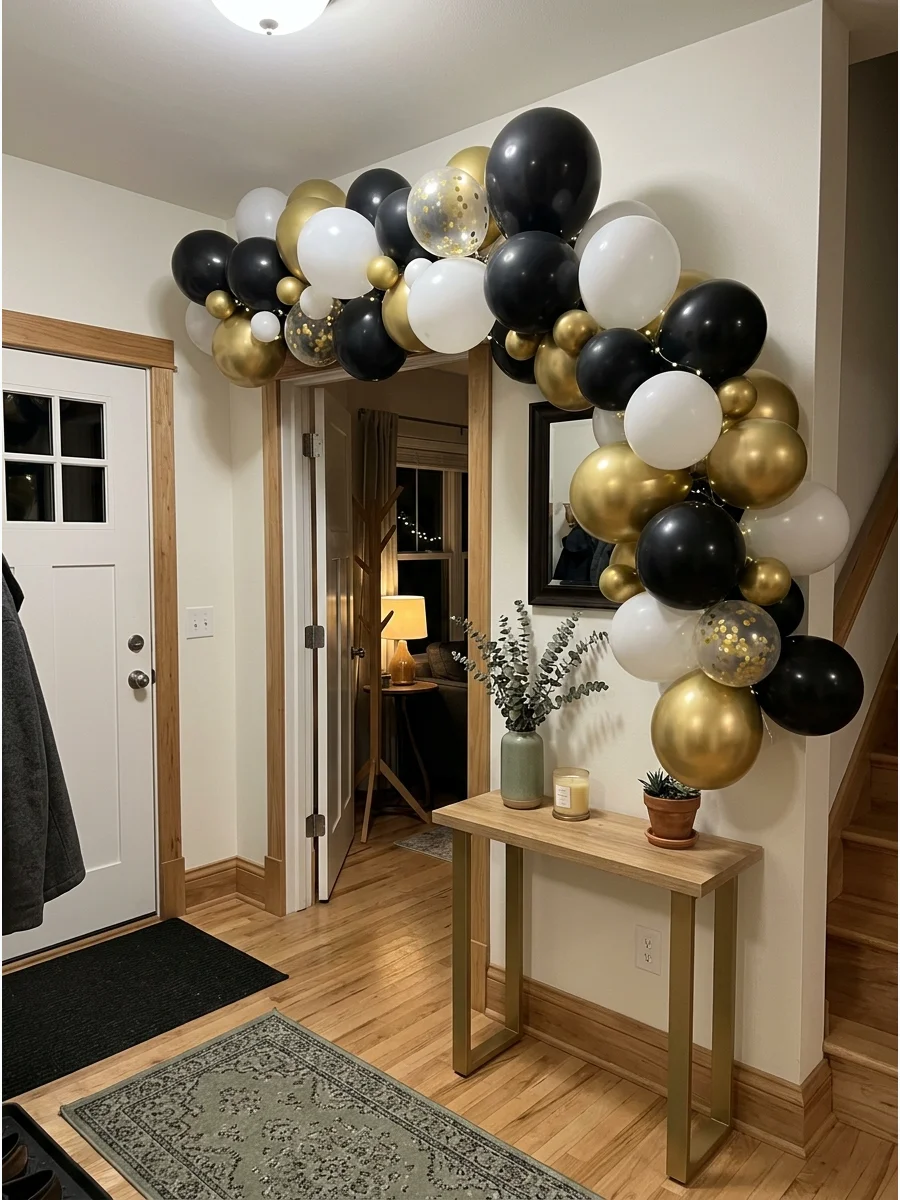 Black, White, and Gold Balloon Display. Create an elegant evening housewarming setup with black, white, and metallic gold balloons. Keep the backdrop simple so the color combinatio