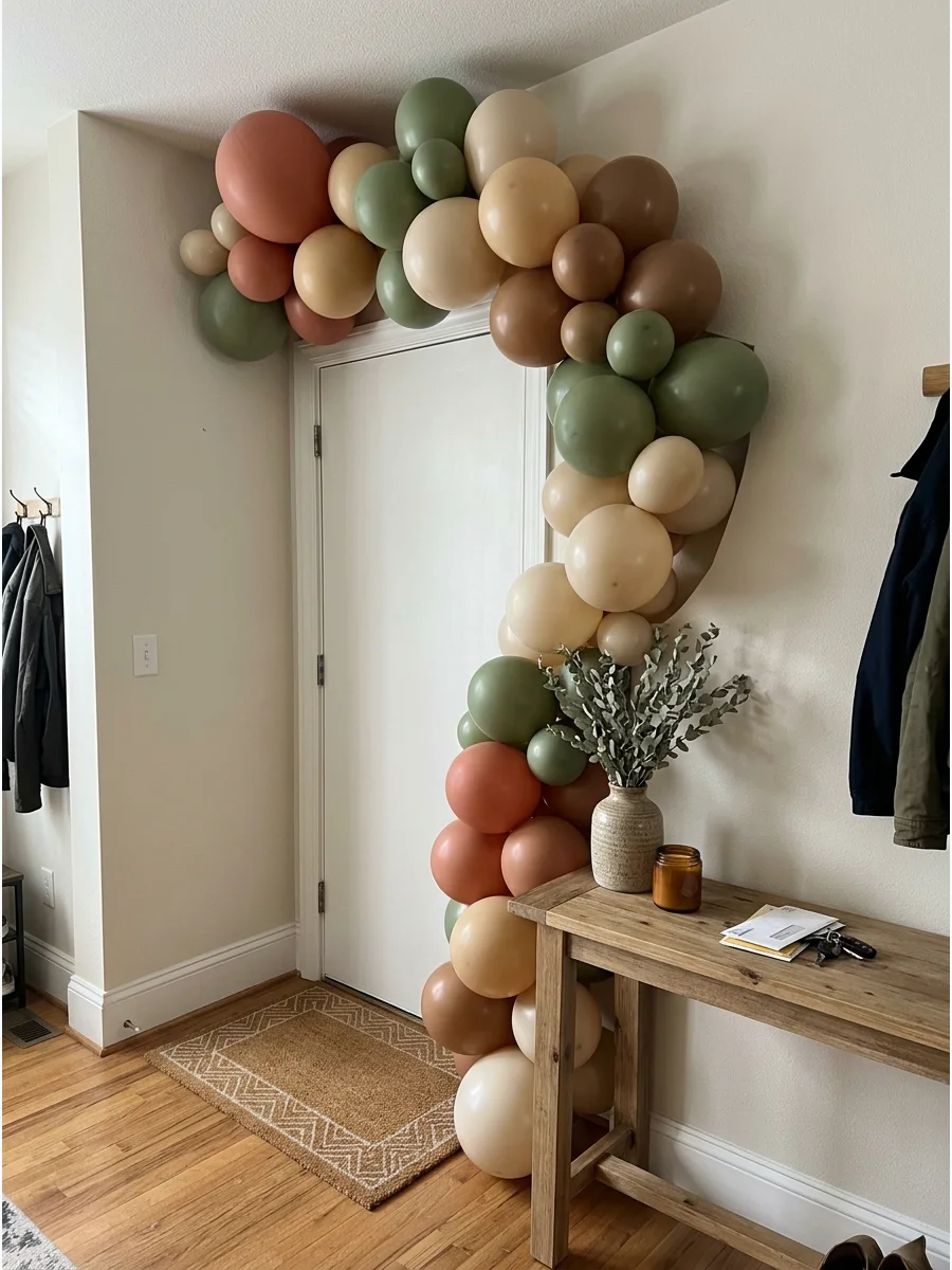 Earth-Tone Balloon Arch. Use muted terracotta, olive, sand, brown, and cream balloons for a warm 2026-inspired palette. Position the arch around the dessert table or main photo are