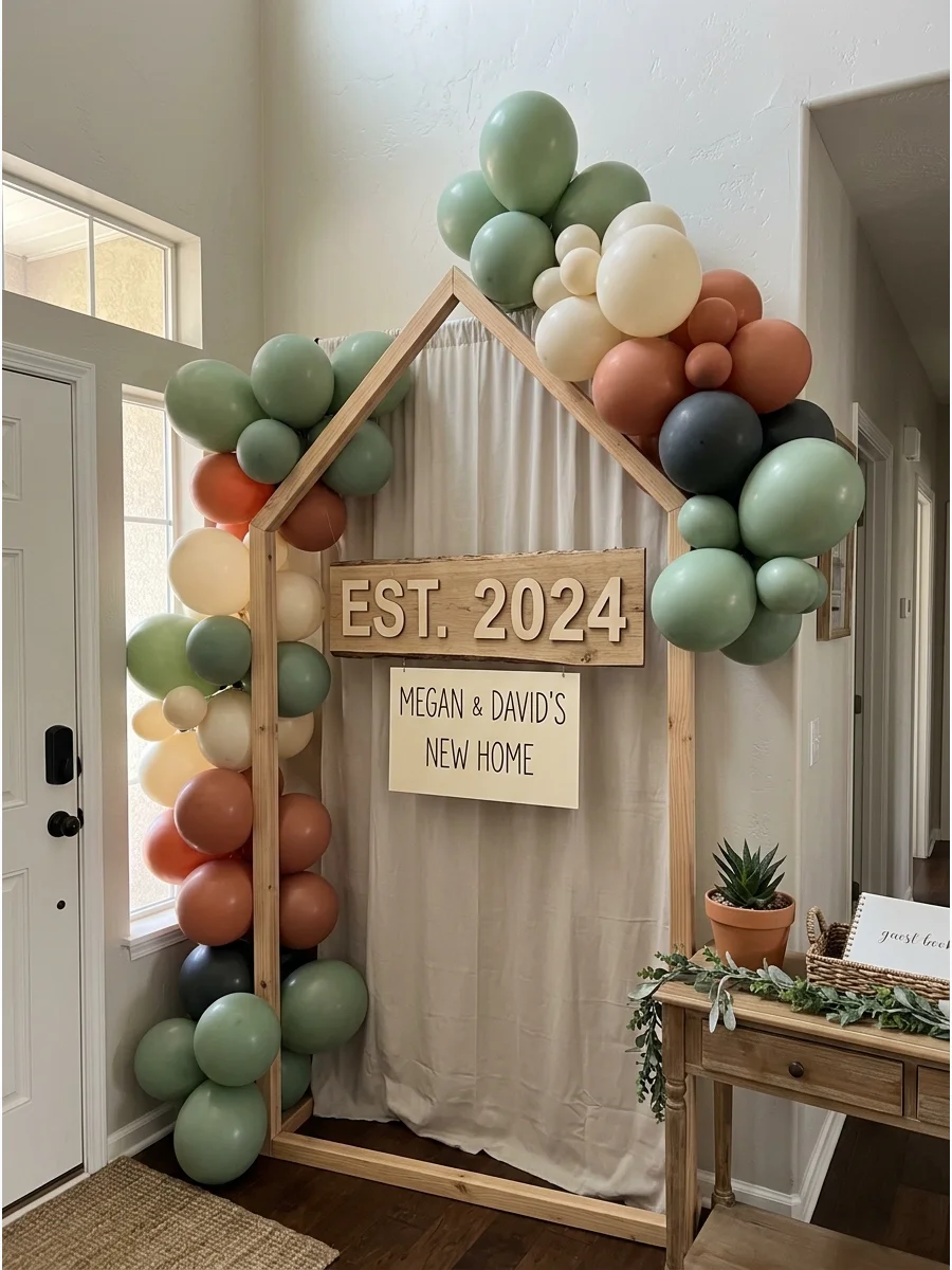 House-Shaped Balloon Backdrop. Arrange balloons around a simple house-shaped backdrop or frame. Add the homeowners' names or move-in year at the center for an obvious but stylish h