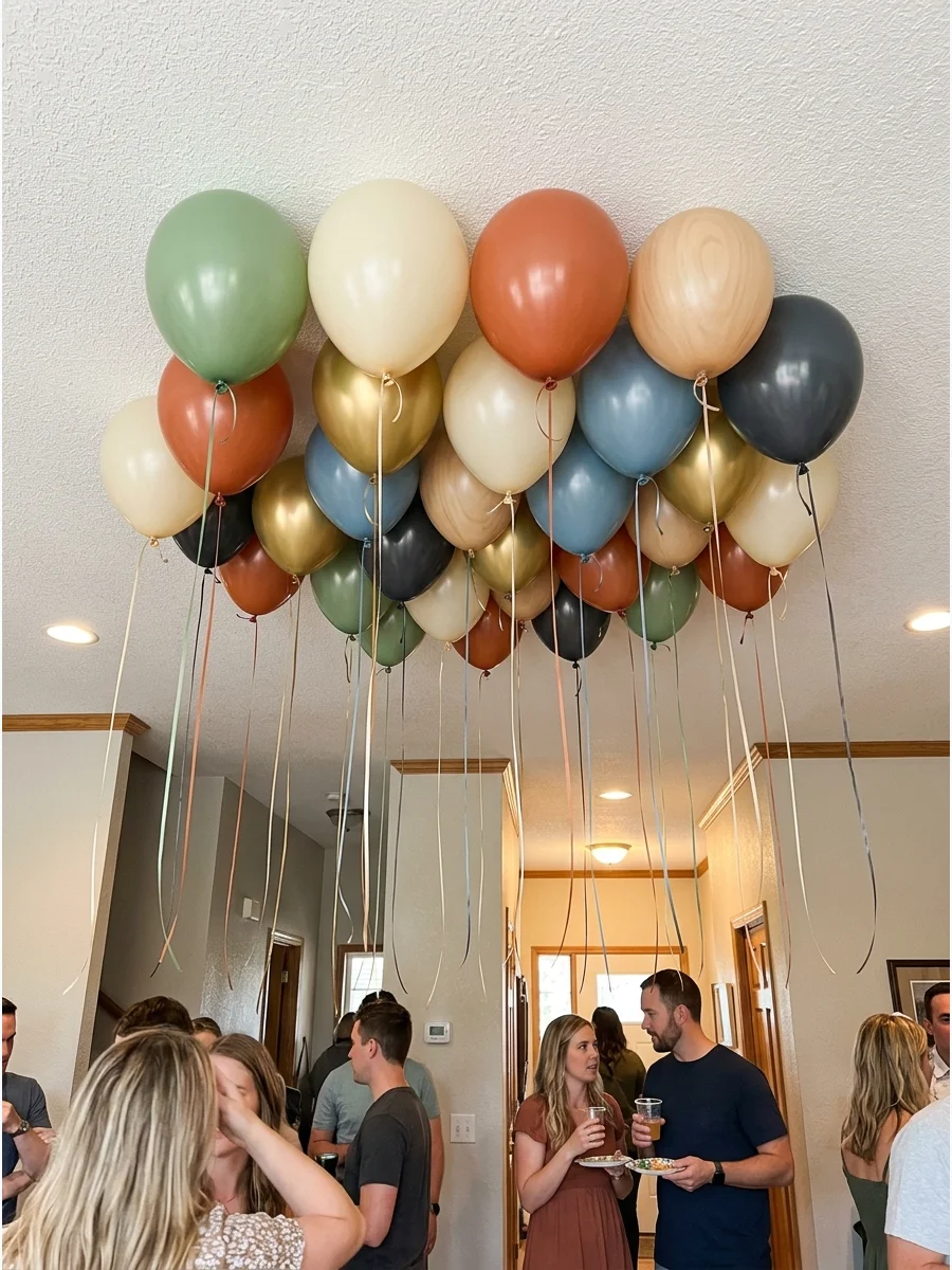 Floating Ceiling Balloons. Fill a small section of the ceiling with helium balloons and coordinating ribbon. Concentrate them above the main gathering area instead of throughout th